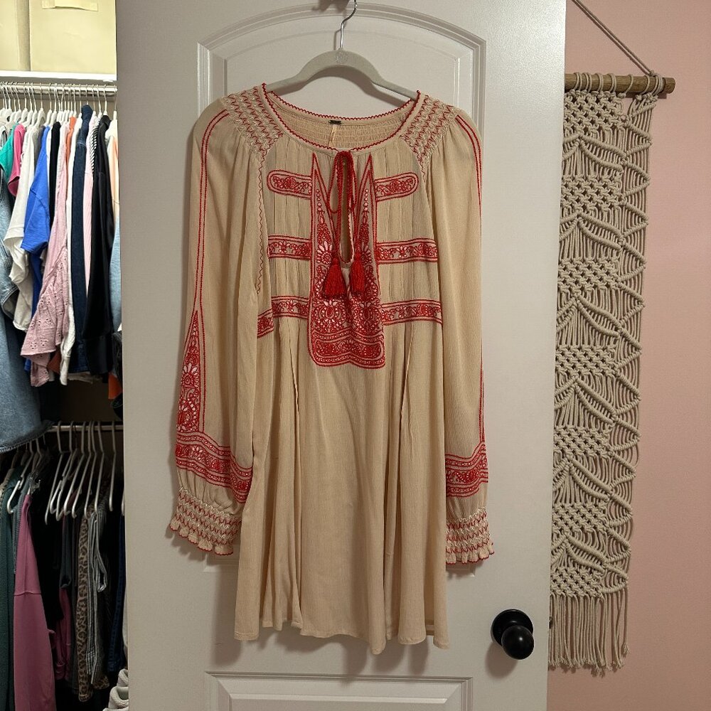 Free People Wind Willow Embroidered Shift Mini Dress Ivory M